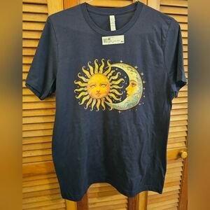 NWT Bella+Canvas Navy Blue T-Shirt Unisex Large | Celestial Sun & Moon Graphic